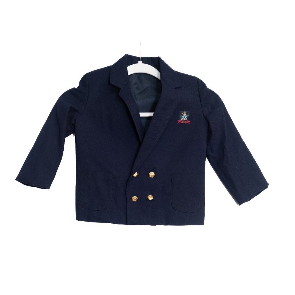 Navy Blue Boys Size 4 Blazer W/ Gold Buttons & Crest Logo Double-Breasted Classi